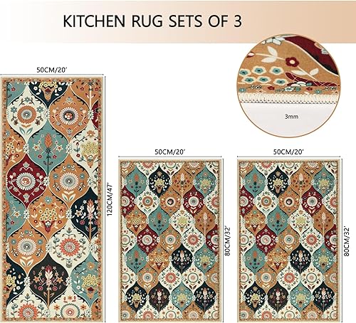 Miniatura 2 de Falflor Juego de 3 tapetes de cocina con diseño de enrejado marroquí, antideslizantes, para el suelo, lavables, alfombras de cocina con patrón