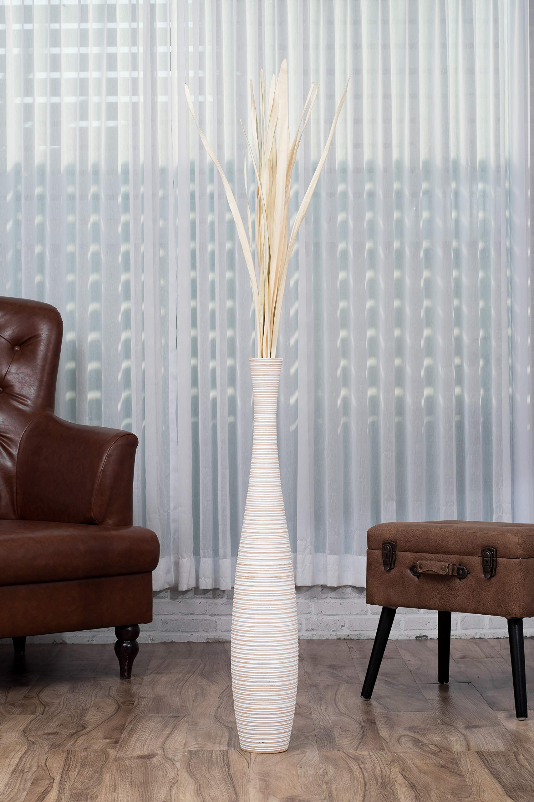 Leewadee Grand Vase de Sol 85 cm Bois de Manguier Pampa & Fleurs Séchées