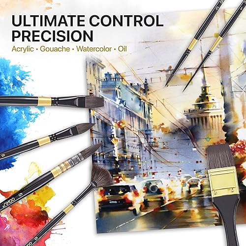 Miniatura 6 de OOKU - Juego de 7 pinceles de pintura, pinceles sintéticos de ardilla para acuarela  Pinceles de acuarela de viaje con forma de pinceles planos,