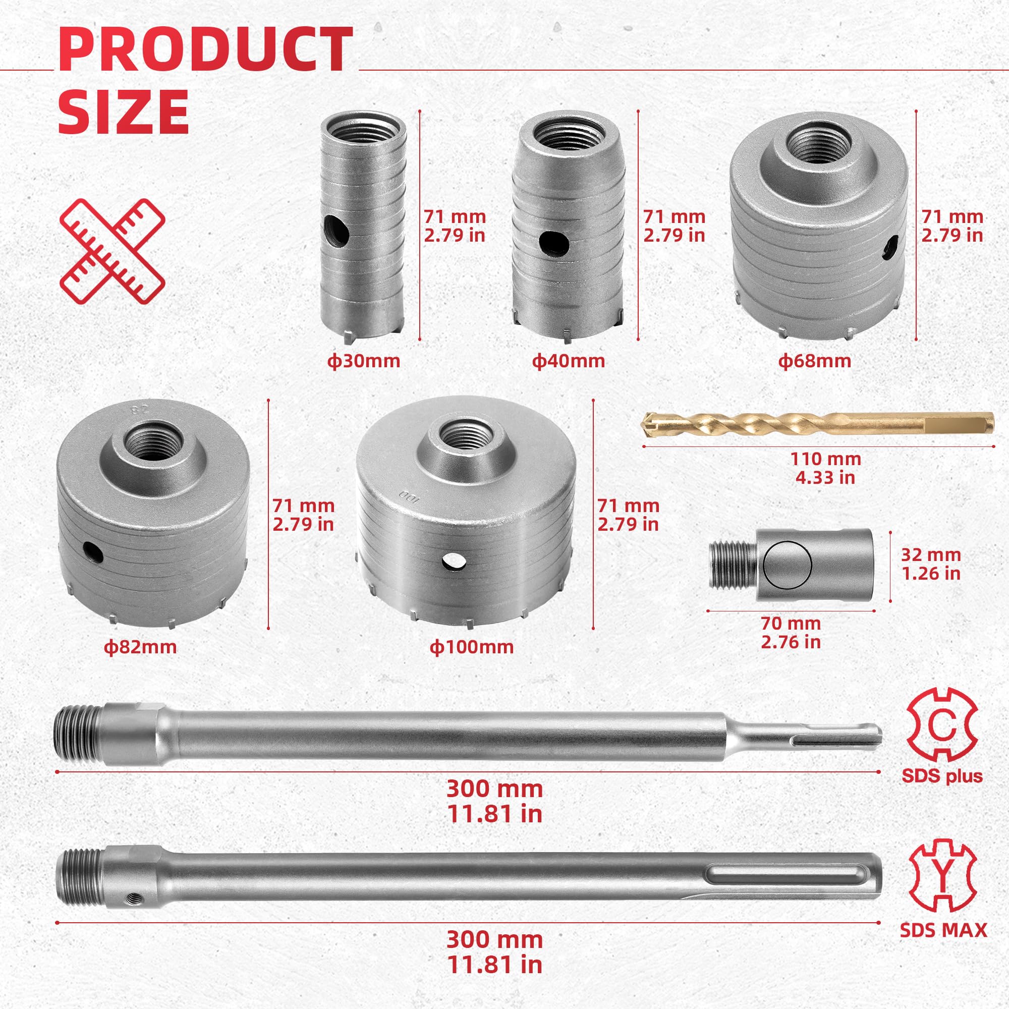 Kit Seghetti a Tazza per Calcestruzzo Set di Trapano a Testa Cava 30/40/68/82/100 mm, con Adattatore SDS Plus & Max e Convertitori Veloci Fresa a Tazza Carotatrice per Pietra Muratura Cemento