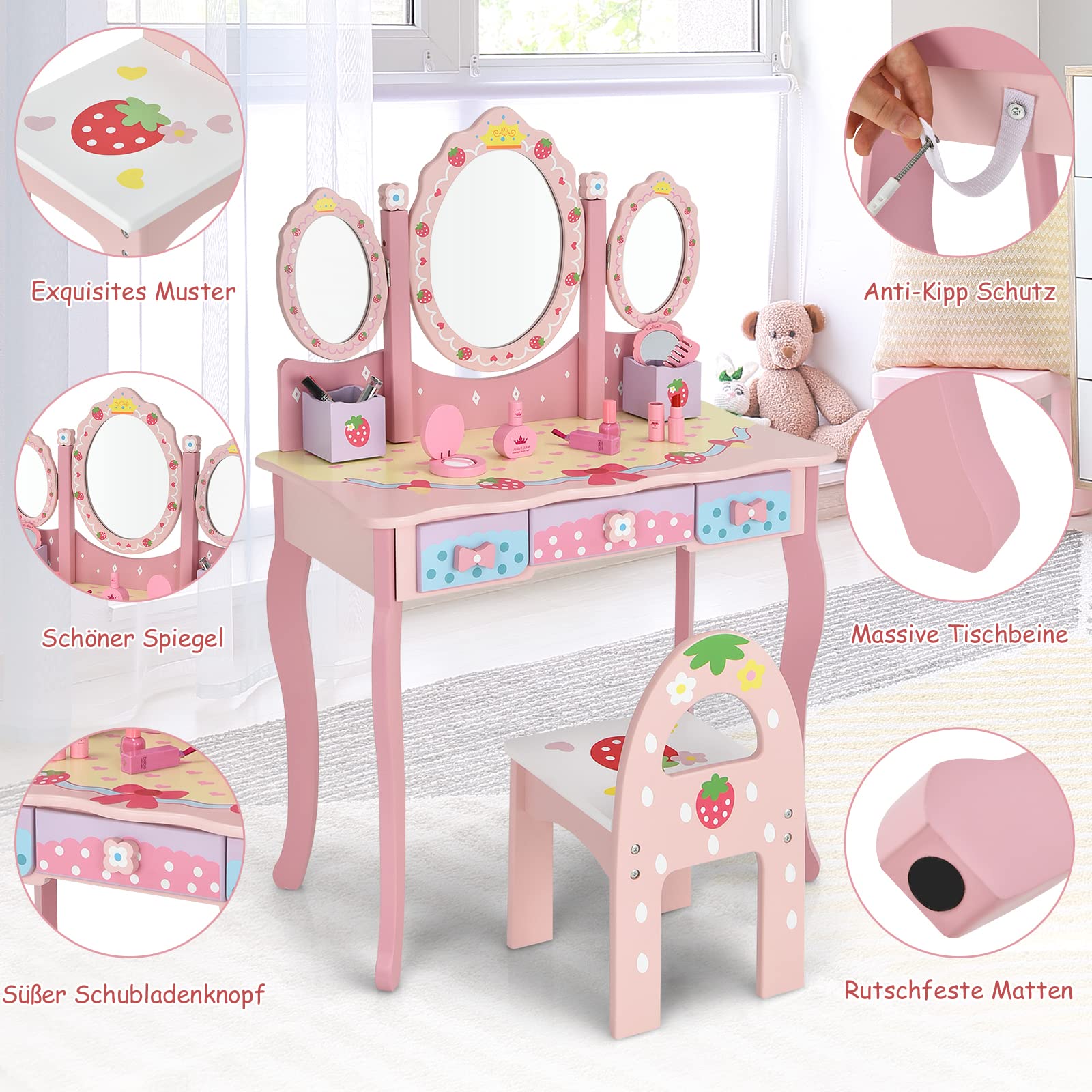 COSTWAY Kinder Schminktisch Set, Prinzessin Frisiertisch mit Klappbarem Spiegel, Schminkhocker und 3 Schubladen, Make-up Schminktisch Frisierkommode für Kinder Mädchen (Pink)