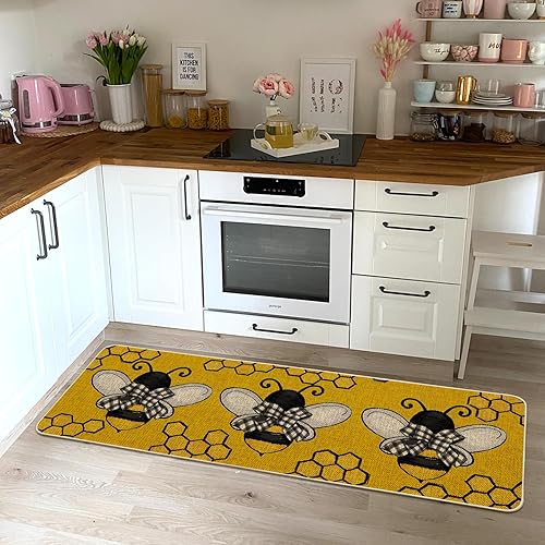 Miniatura 7 de Artoid Mode Bee Kind - Tapete de primavera amarillo con pajarita, decoración del hogar de verano de temporada, tapete de bajo perfil, tapete para