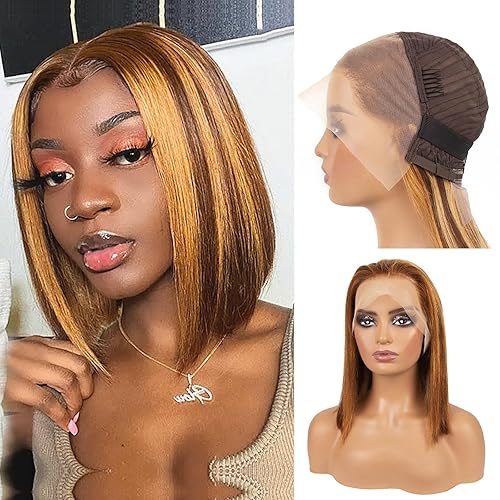 Peluca de cabello humano con reflejos, peluca de encaje frontal HD de 13 × 4 para mujeres negras, rubio miel, peluca estilo Bob ombré, densidad del