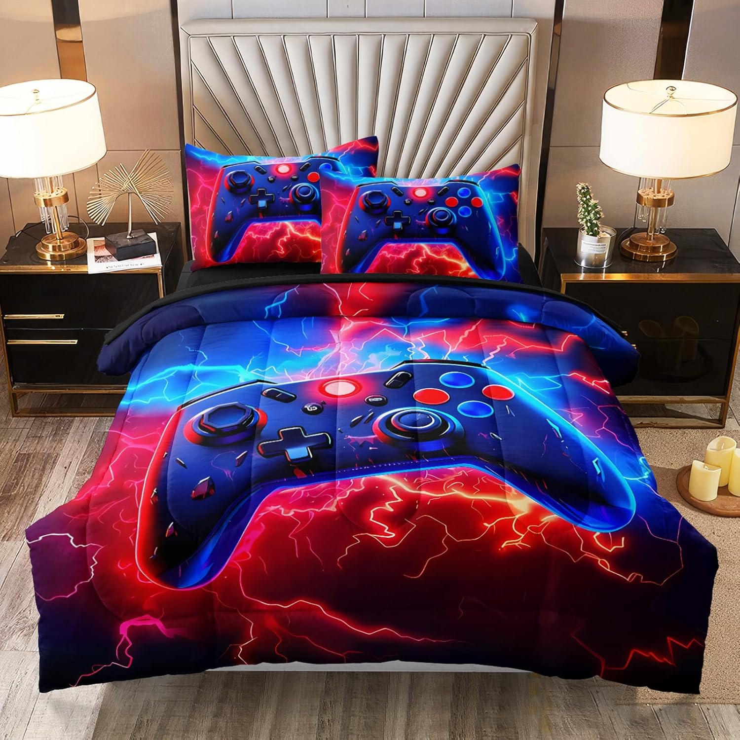Gamer Full Bedding Sets for Boys Teen, 3 Pcs Full Size Gaming Comforter Set for Boys,Red Blue Lightnings Full Szie Bedding Set