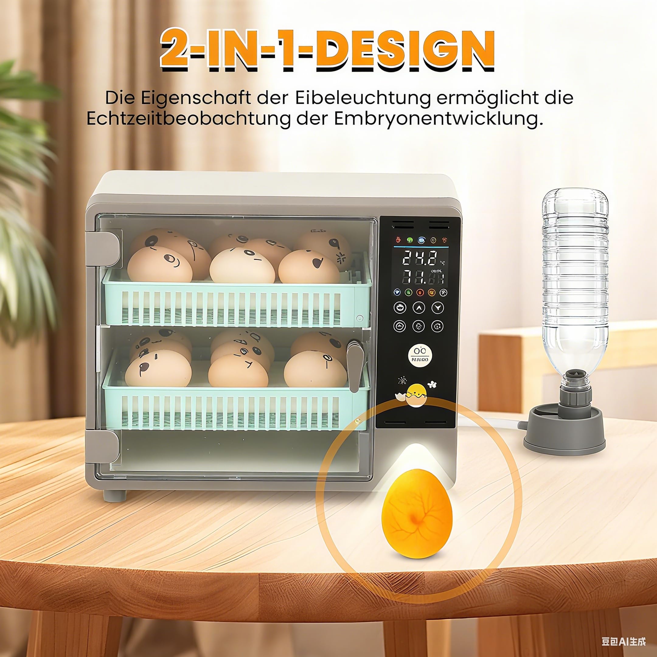 Vollautomatischer Inkubator für 24 Eier mit automatischem Drehen von Eiern und Befeuchtung durch Ultraschallbeströbung, Temperaturregelung, LED-Farbdisplay, Lichtlampe für Ei