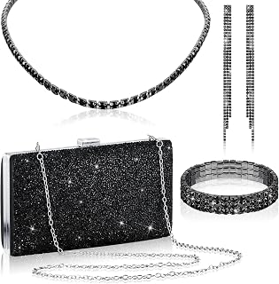 4 Pieces Women Rhinestone Evening Clutch Bag Bling Earring Necklace Bracelet for Wedding Formal