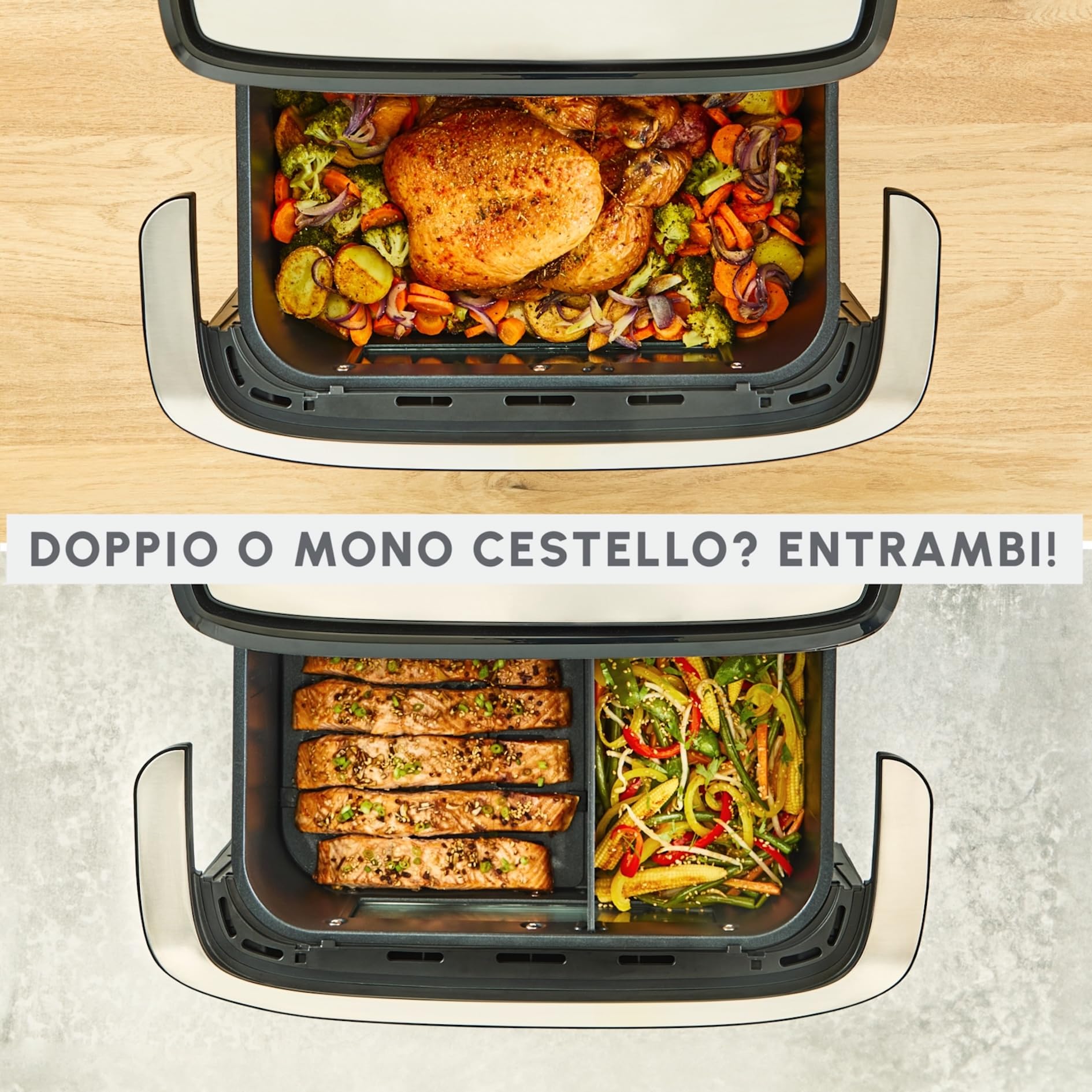Moulinex Dual Easy Fry Flex Friggitrice ad Aria con Divisore, 2 Scomparti, FlexCook Technology, 2 resistenze superiori, Capacità fino a 9L/2,5kg, 8 Persone, 2700W, 7 Programmi, App My Moulinex, EZ9228
