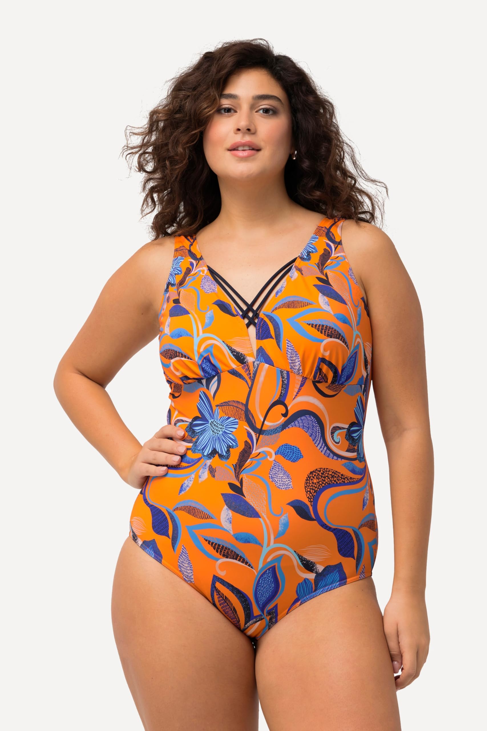 Ulla Popken Femme Grandes Tailles Maillot de Bain à Fleurs, Rubans Fantaisie et Bonnets Souples Orange Vif 62 827172658-60