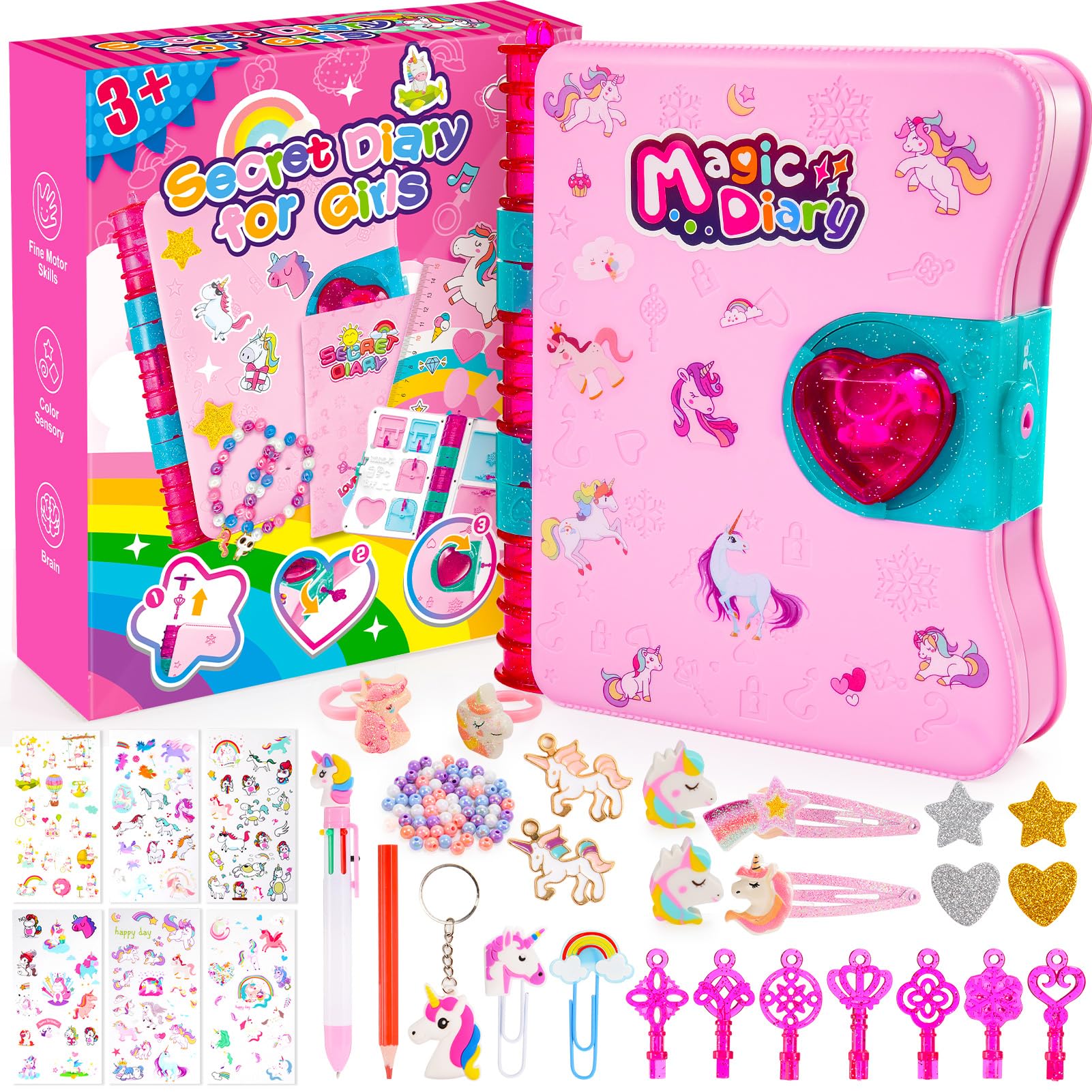 Unicorn Secret Journal Kit for Girls: Lockable Gifts for Girls Ages 3 4 5 6 7 8 9 10 Secret Diary Journal Notebook with Over 30 Surprises Lock Stationery Set Unicorn Toys Gifts for Girls Age 3-12