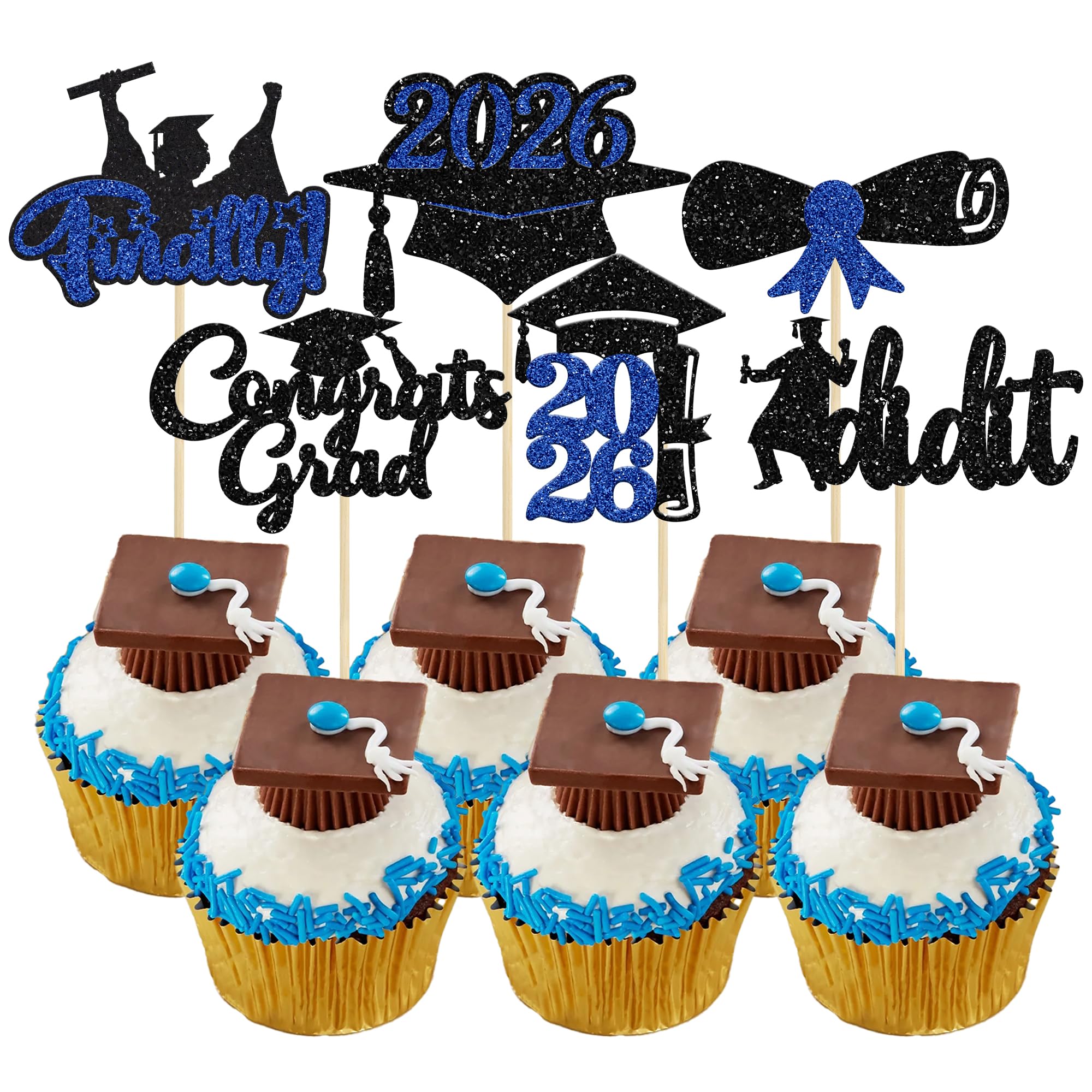 Gyufise 24Pcs 2026 Graduation Theme Cupcake Toppers Deep Blue Glitter Class of 2026 Diploma I Did it Congrats Grad Cap Cupcake Picks 2026 Graduation Theme Party Cake Decorations Supplies
