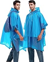 Vista 7 de Paquete de 2 ponchos de lluvia para adultos, reutilizables, impermeables, de supervivencia, emergencia, resistente, con capucha con cordón Azul