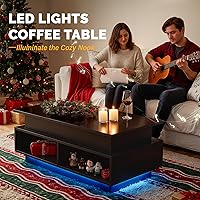 Vista 7 de YESHOMY Mesa de Centro Elevable de 40" con Almacenamiento Oculto y Luces LED Multicolor, Mesa Cuadrada Moderna de Madera con 4 Estantes Abiertos