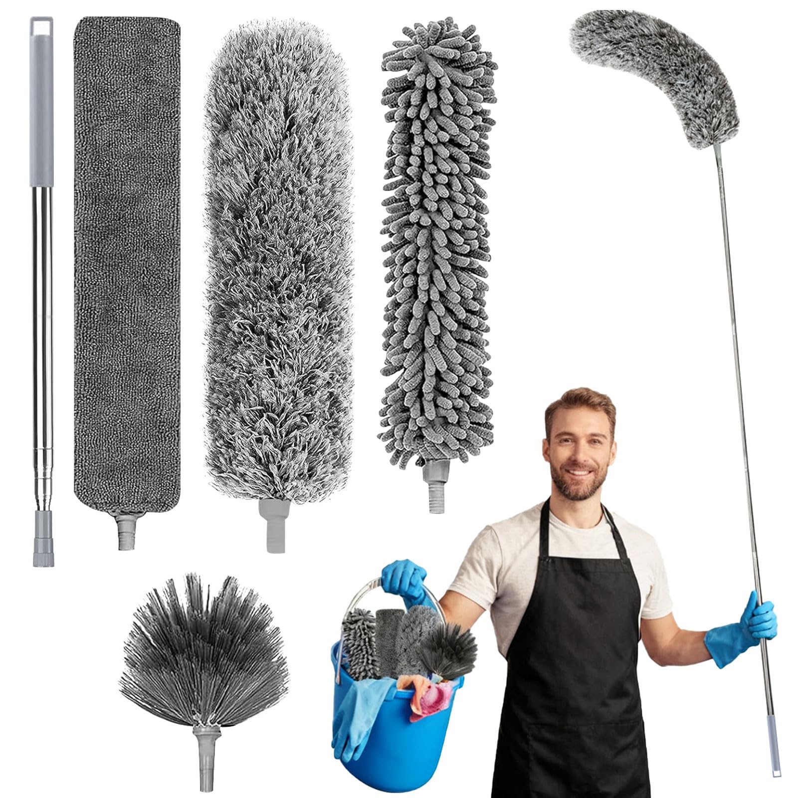 Duster, telescope, washable, 5 pieces, microfibre duster, with bendable corner broom, gap dust cleaner, spider web remover, extendable to 2.52 m, reusable bendable duster cloths-image-24
