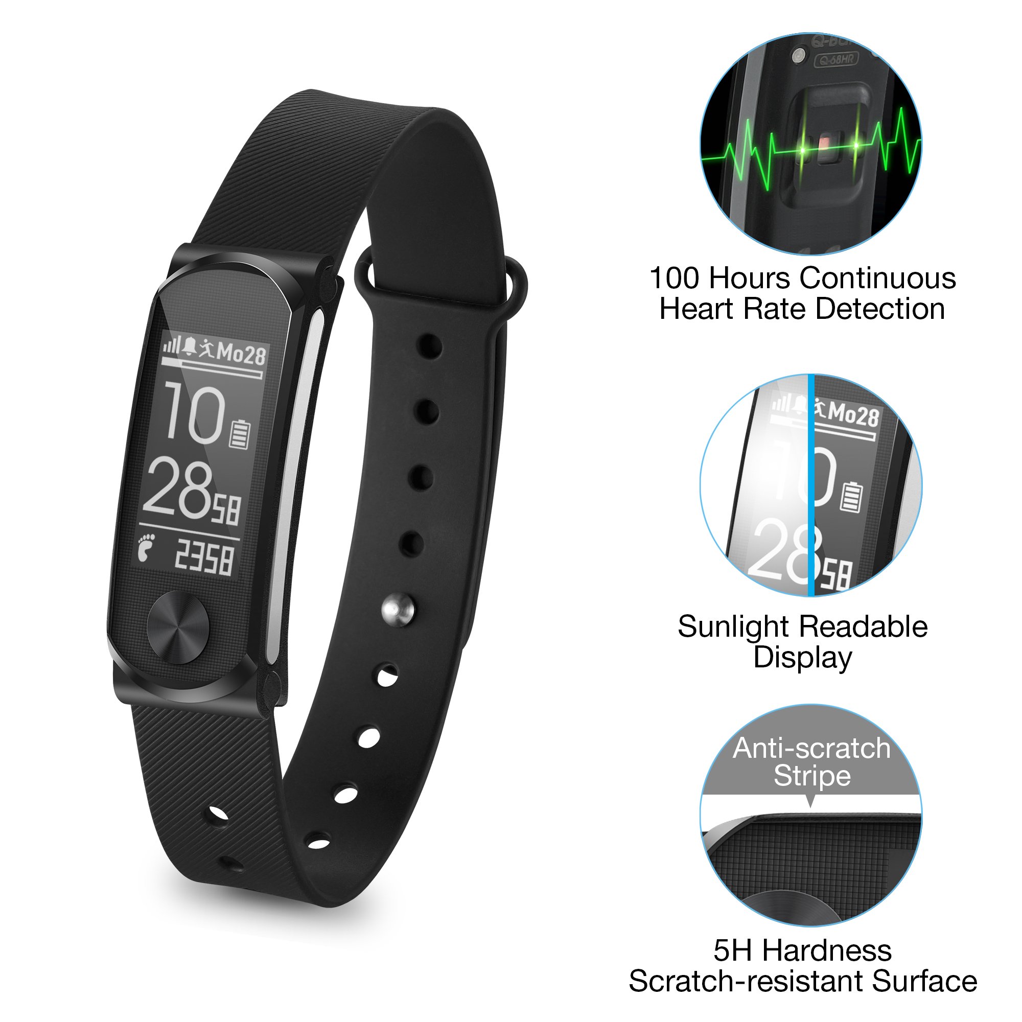 Q-Band Q-68HR Accurate Health & Fitness Tracker Watch, 100 Hours Heart Rate Monitor, Bluetooth Activity Tracker, Sunlight Readable Scratch-Resistant Big Screen, Pedometer Band