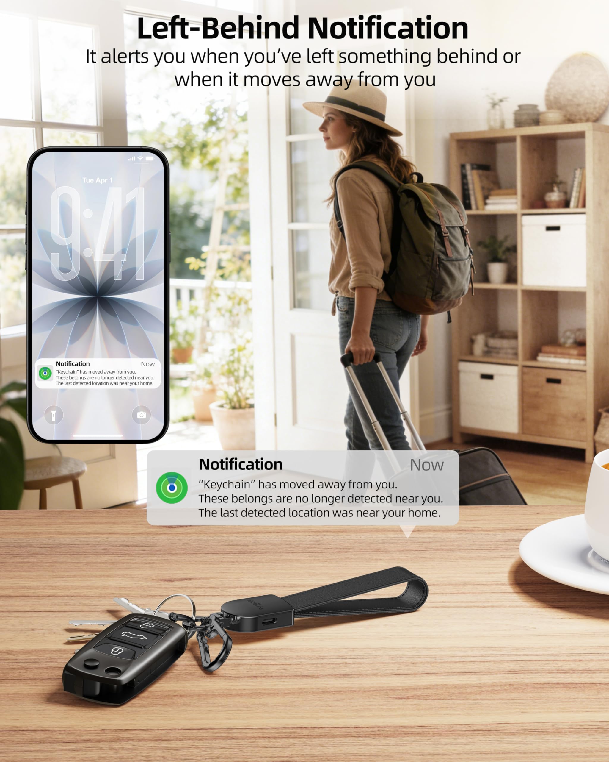 Portachiavi in pelle, funziona con Apple Find My, con localizzatore GPS | Portachiavi per auto per donne e uomini, portachiavi per auto, anti-smarrimento, ricaricabile, nero