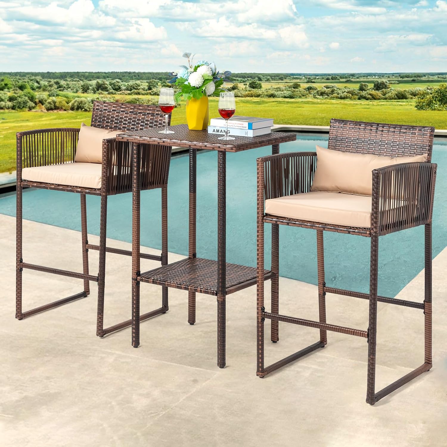 3-Piece Patio Bar Table Set, Outdoor Wicker Bar Height Bistro Chair with Table, Chair for Poolside Balcony, Counter Height Bar Stools,Bar Table for Patios, Brown