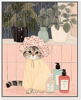 Shower Cat Canvas Print Pets Pink Wall Art by Art Remedy, White Frame, 16 x 20