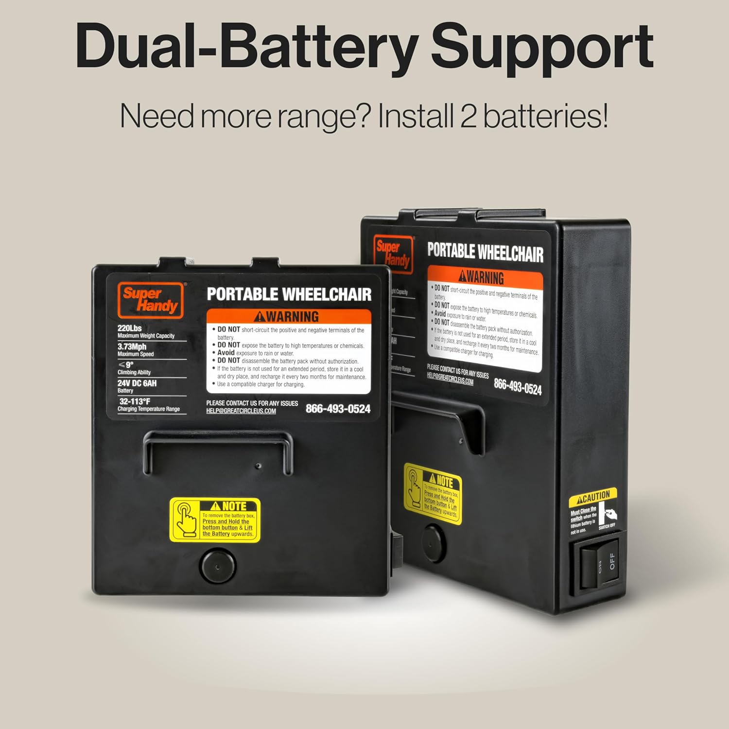Two SuperHandy 24V 6Ah Lithium Wheelchair Replacement Batteries, illustrating dual-battery support.