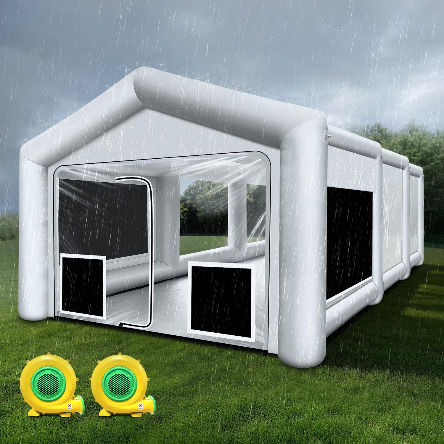WZIIOT Waterproof Inflatable Paint Booth 28x15x10.5ft Portable Spray Tent with 950W+950W Air Blowers for Cars, Auto Parts, Furniture and Other