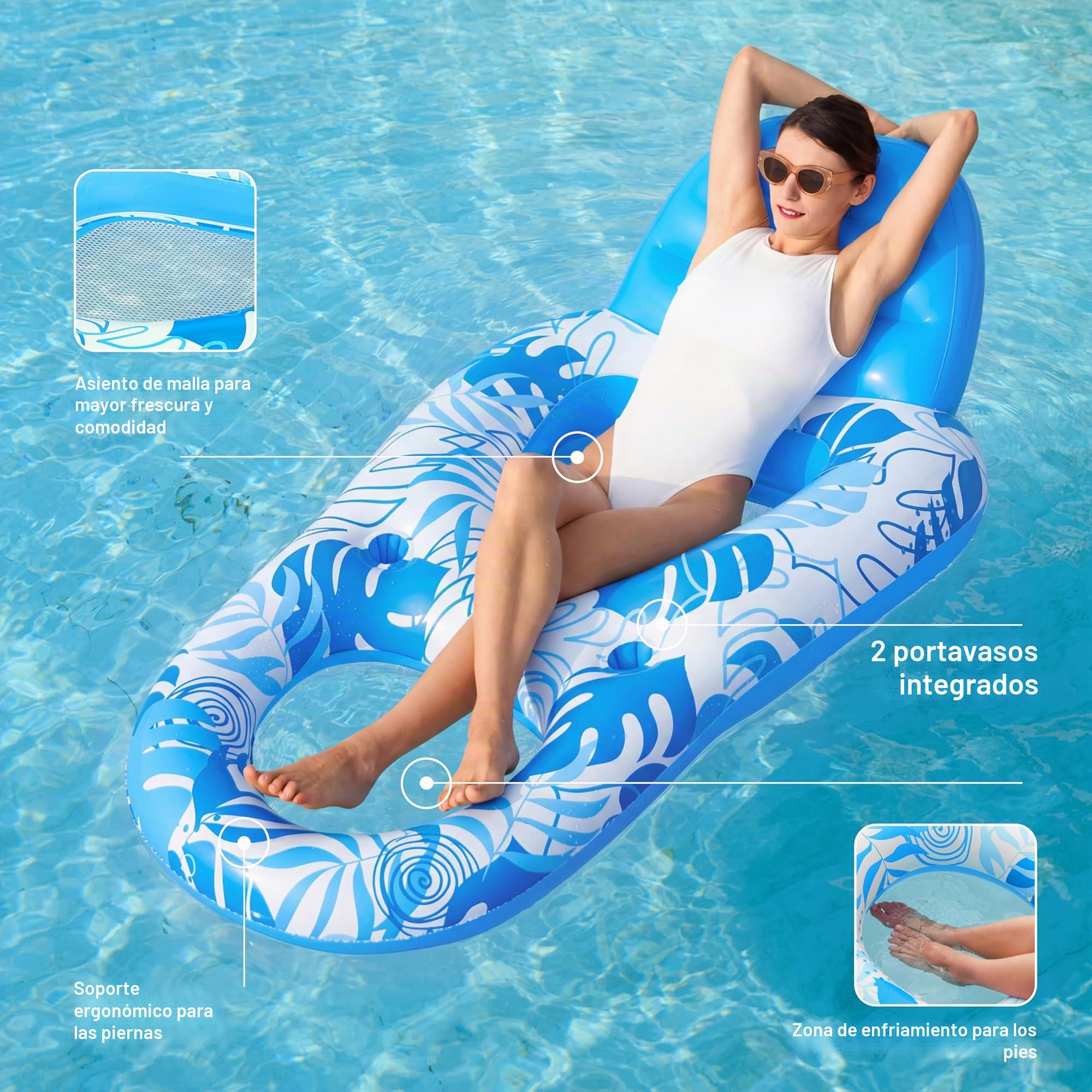 SLOOSH Flotadores Inflables para Piscina, Reclinable para Adultos, Flotador de Piscina con Respaldo Ajustable, Silla Flotante con Portavasos y Reposapiés para Fiesta de Verano en la Piscina