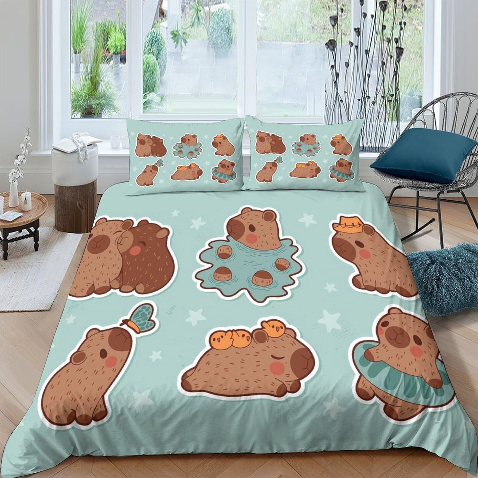 Ctjqhvkz Style-4 3D Printed Cute Capybara Fitted Sheet Microfiber Soft Blue Cartoon Animal Bed Cover For Bedroom Guest Room Decor Single（135X200cm）