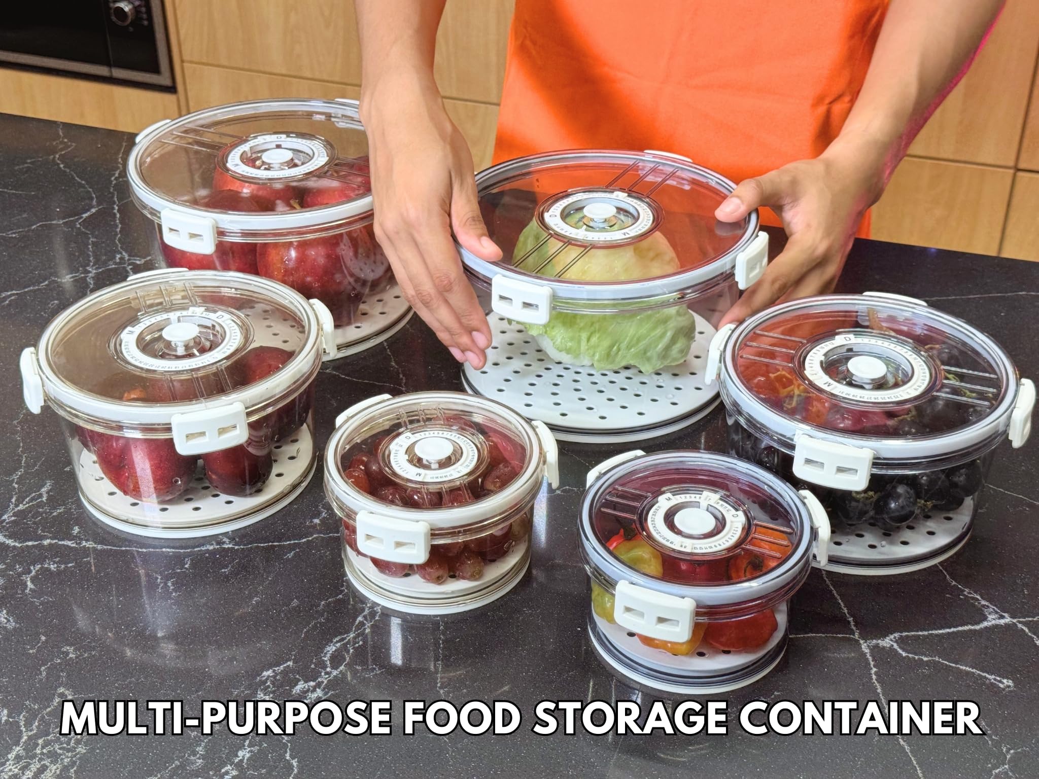 Recipientes de almacenamiento de frutas y verduras para refrigerador con tapas, cronógrafo de fecha, juego de 3 piezas, transparente, hermético, a prueba de fugas, sin BPA, bandeja de