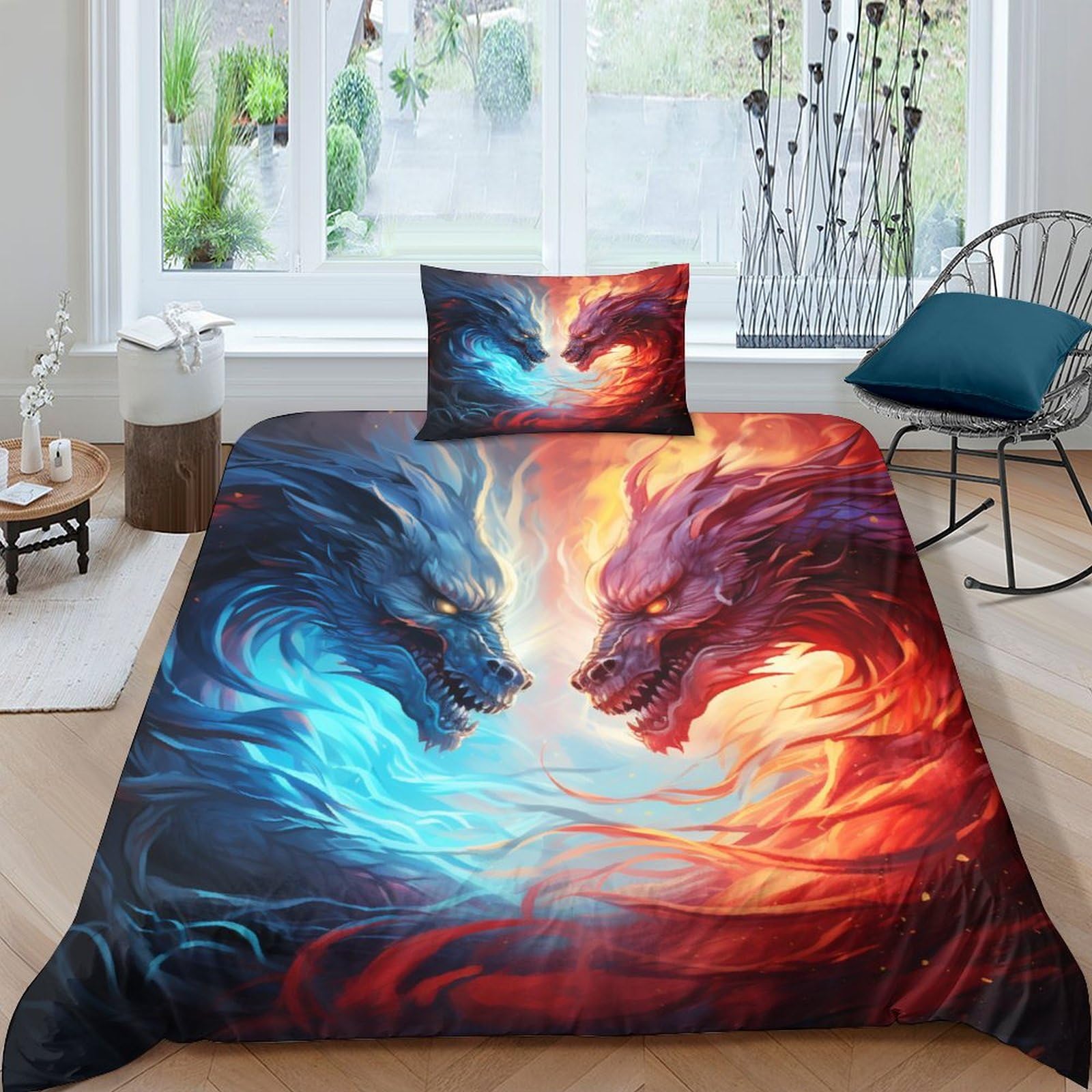 Funda nórdica de dragón 3D de microfibra para cama 90 con dos fundas