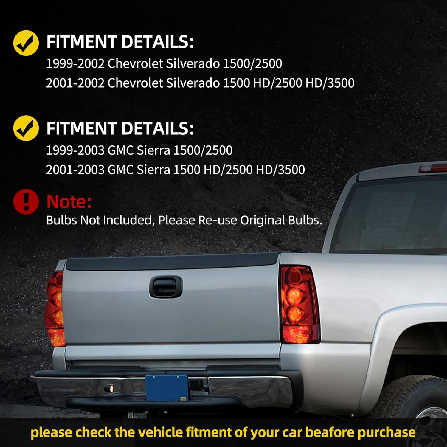 DWVO Tail Lights Assembly Compatible with 1999 2000 2001 2002 Chevy Silverado 1500 2500/01 02 Chevy Silverado 3500/1999-2003 GMC Sierra 1500 2500 3500 Tail Lights Replacement Tail Lamps