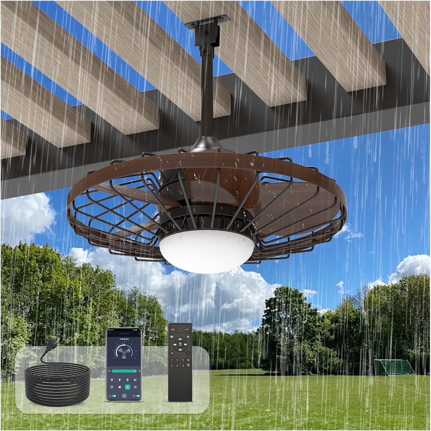 Outdoor Caged Ceiling Fan with Lights, 20" Waterproof Plug-in Fixtures, App/Remote Control, 3 Color Temperatures LED, 6 Speed Reversible DC Motor, for Indoor Farmhouse Porch Patios B Brown