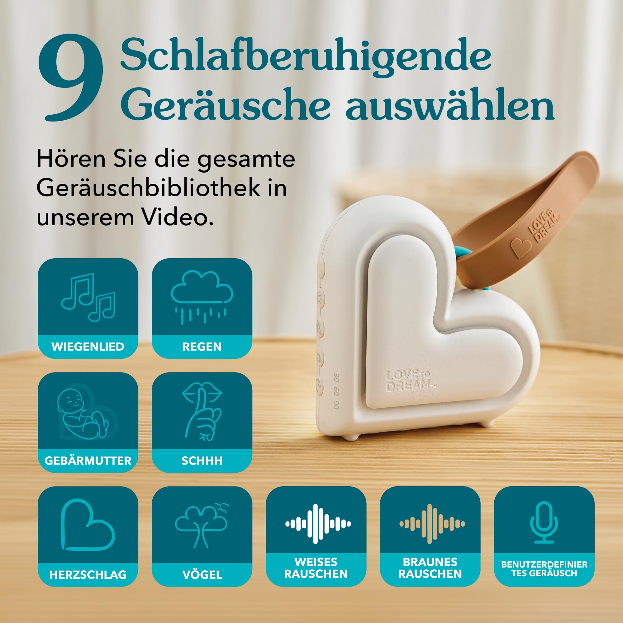 Love To Dream™ Tragbares Babyschlafgerät | Weißes Rauschen & Schlaflieder | 9 beruhigende Babygeräusche mit Nachtlicht | Kompakt, einstellbare Lautstärke & Schreierkennung