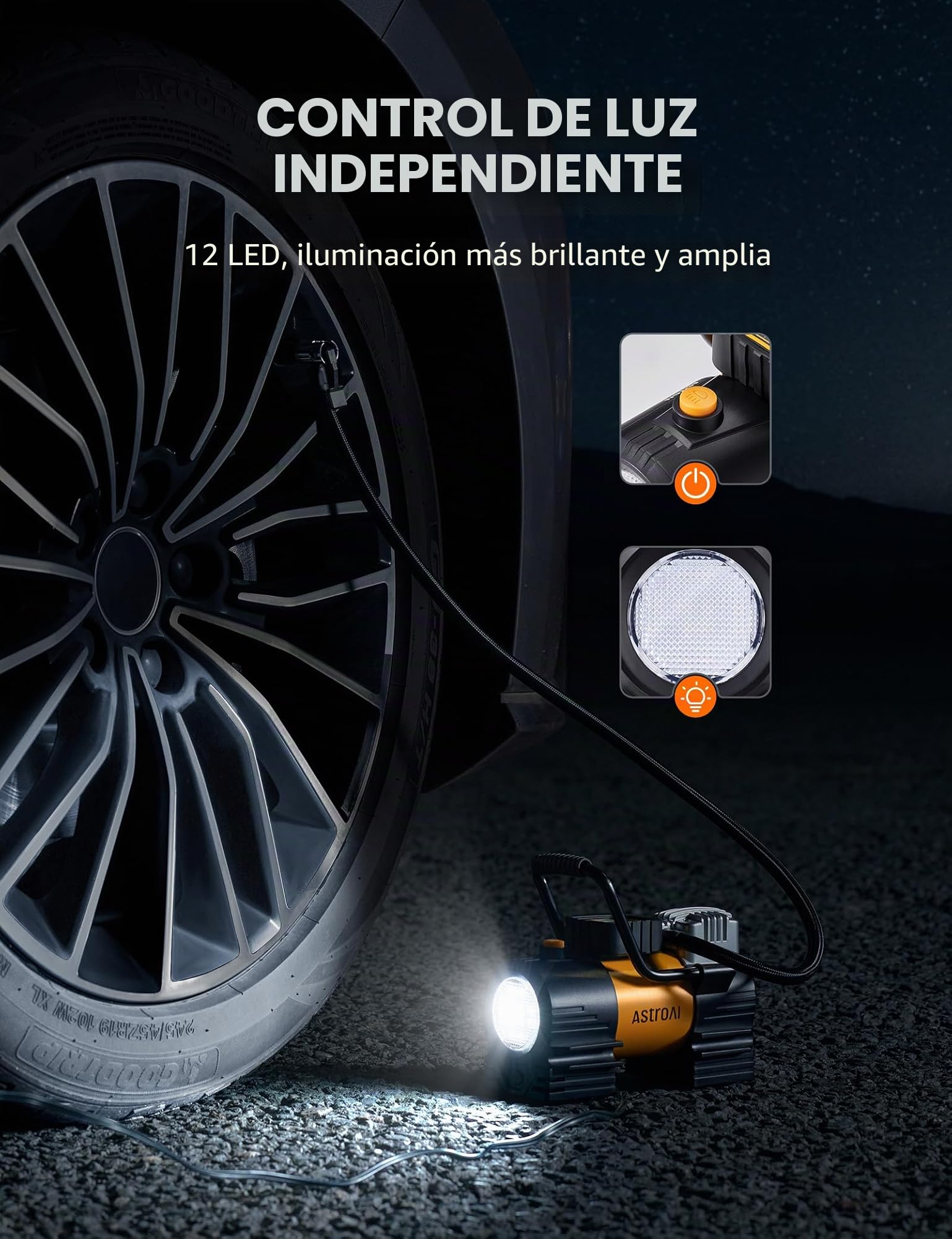 AstroAI Inflador Ruedas Coche de 150PSI, Compresor Aire Portátil 12V DC, Compresor Aire Coche, Inflador de Neumáticos Digital con 12 LEDs Luz para Coche, Bicicleta, Moto y Etc. | Bomba de Neumáticos para Coche 12V DC Bomba de Aire Digital con LEDs Luz Sup