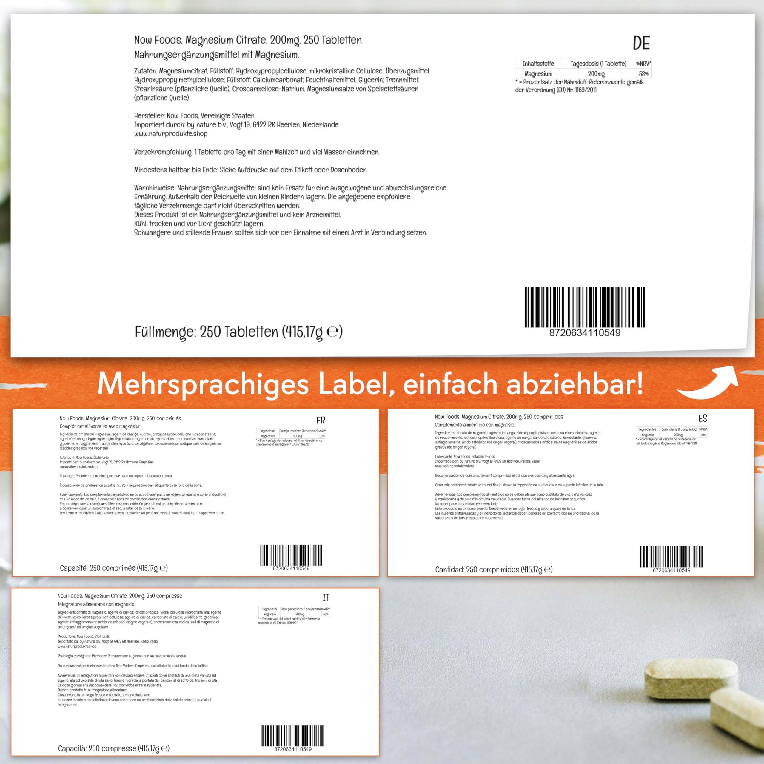 Now Foods, Magnesium Citrate, 200 mg, 250 vegane Tabletten, Laborgeprüft, Mineralien, Glutenfrei, Sojafrei, Vegetarisch