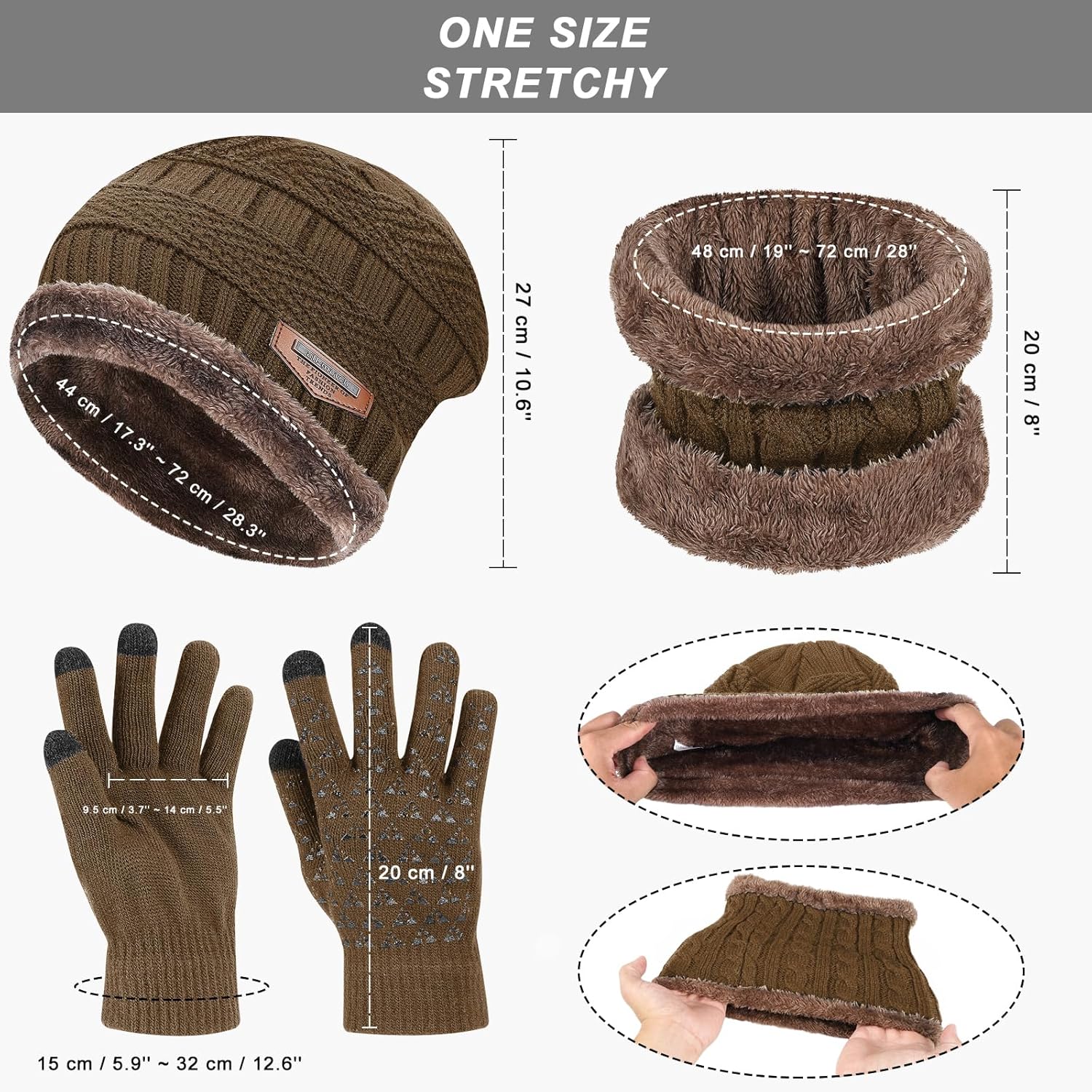 Men Women Winter Beanie Hat Neck Warmer Scarf Touchscreen Gloves 3Pcs Set - Image 2