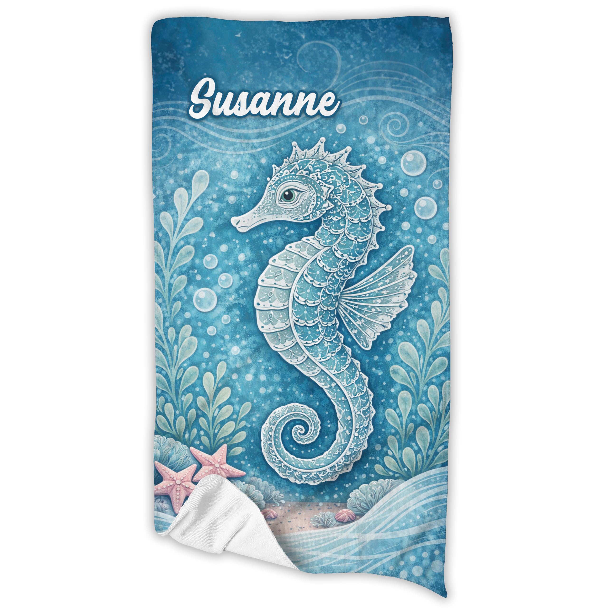 Handtuch mit Name personalisiert, Badetuch Duschtuch Strandtuch Saunatuch individuell Bedruckt für Erwachsene & Kinder (Seepferdchen, 100 x 180 cm)