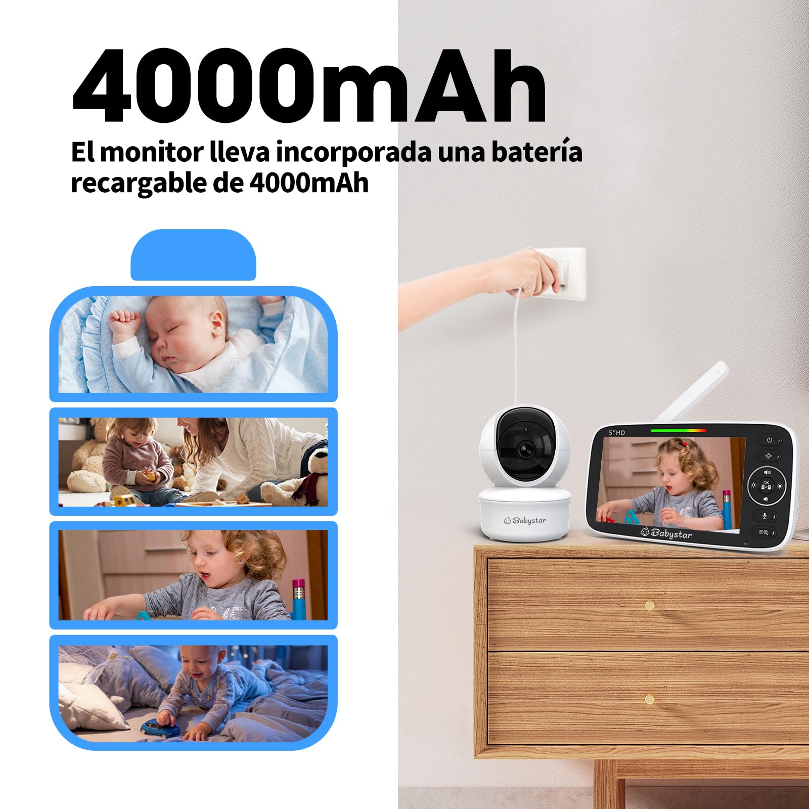 Babystar Vigilabebés con cámara de 5 Pulgadas 720P HD Vigilabebés sin WiFi con cámara y Audio, batería de 4000 mAh, Monitor de bebé, función Vox, Sensor de Temperatura, visión Nocturna