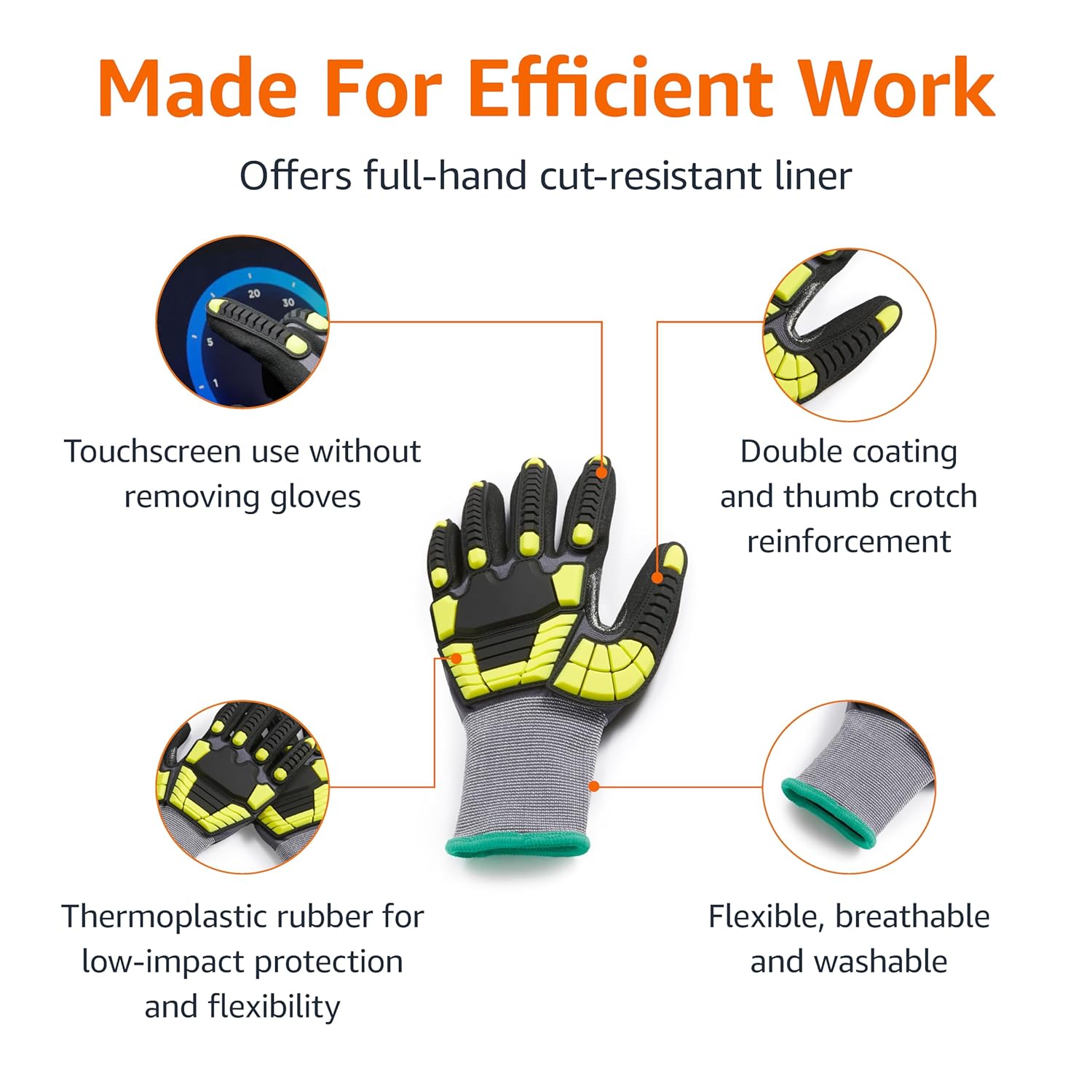 Amazon Basics Safety Work Gloves, Cut Level A1, Abrasion ANSI Level A4, Impact Protection, Touch Screen Friendly, 15G Sandy Nitrile Palm, Yellow, Size Medium, Pack of 120 Pairs