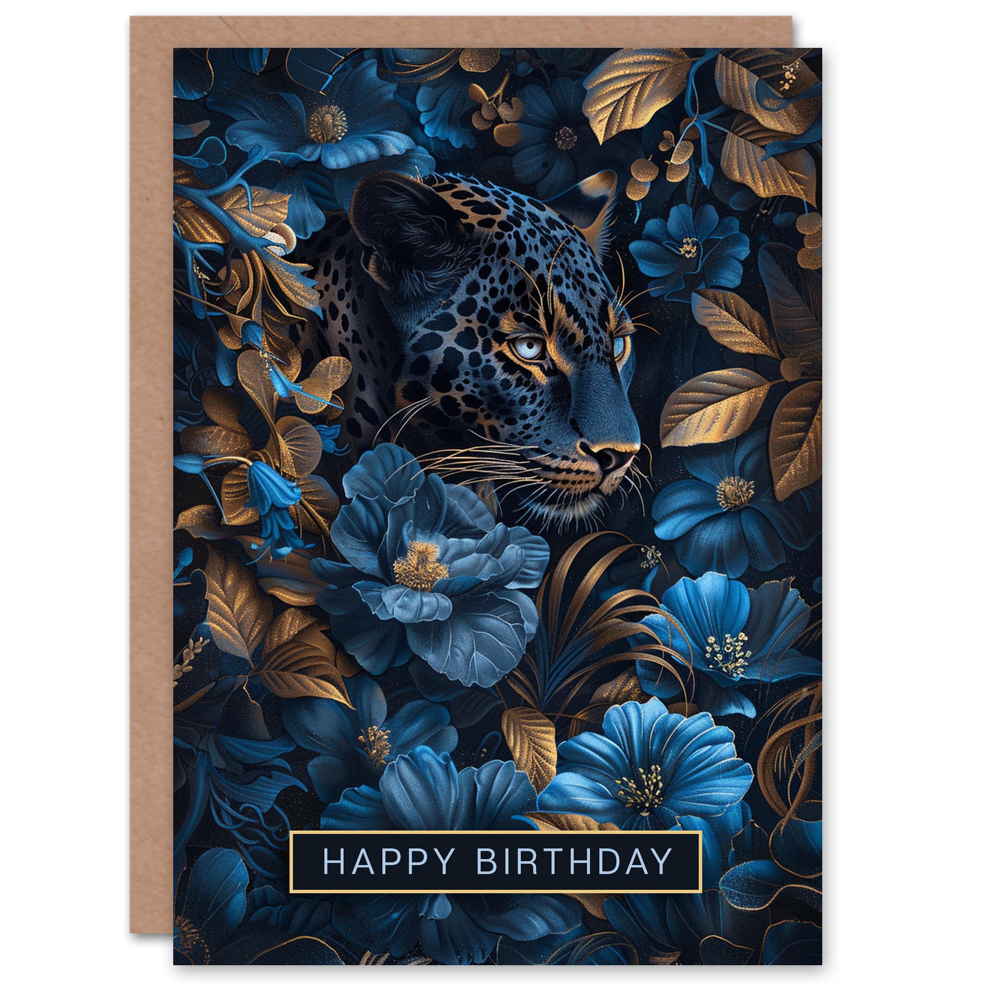 Artery8 Birthday Card Jaguar Leopard Blue Gold Nature Floral Jungle For Her Gran Sister Niece Daughter Wife Woman Greeting Card