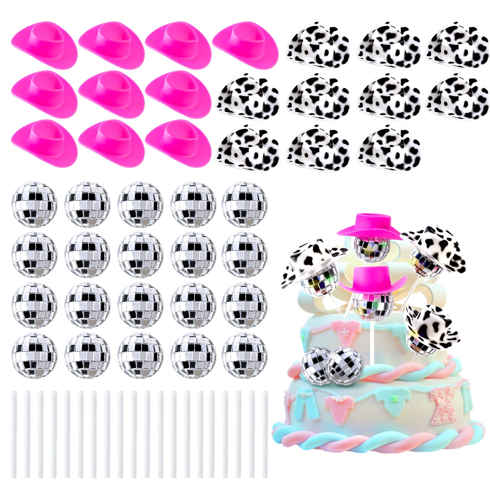 60Pcs Disco Cowgirl Pary Cake Decoration, 20Pcs Disco Ball Cup Toppers 10Pcs Mini Pink Cowgirl Hats 10Pcs Cow Print Cowboy Hats Westen Cowgirl Party