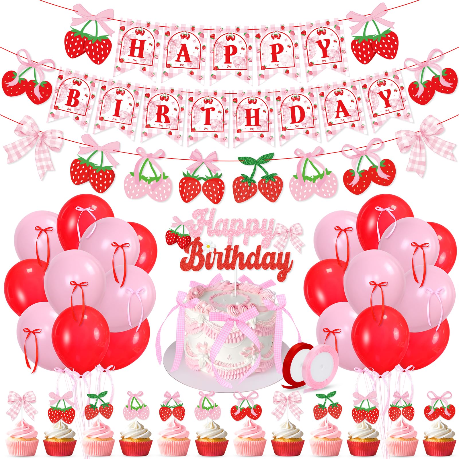 Amazon.com: Pink Bow Strawberry Birthday Party Decor Strawberry