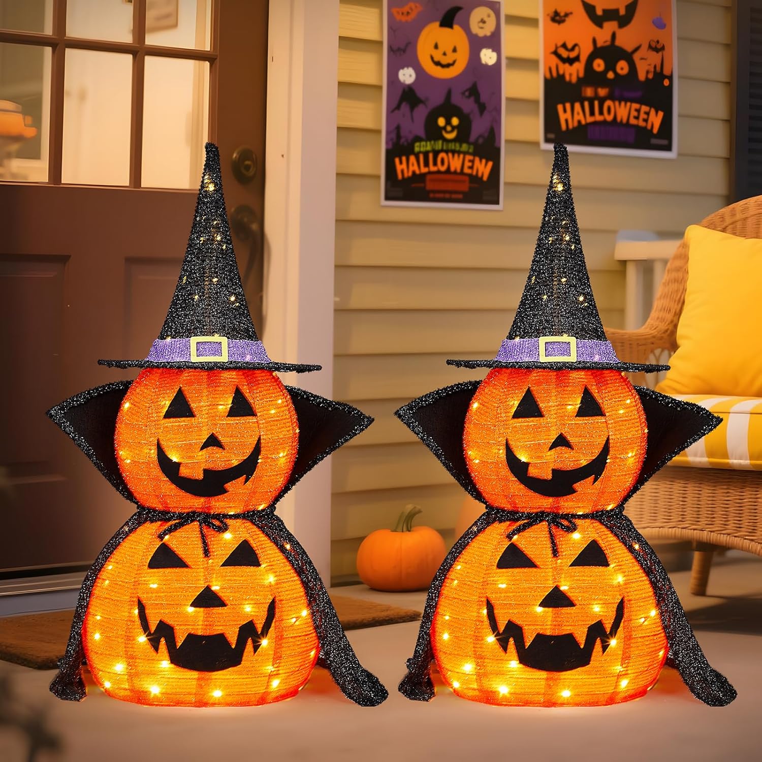 VINGLI 3FT Cute Collapsible Lighted Halloween Decorations Outdoor, Pop Up Halloween Pumpkin Decorations, Light Up Pumpkin Cape with Pre-lit 150 LEDs, Jack-O-Lantern for Porch Yard Lawn Patio (2PCS)