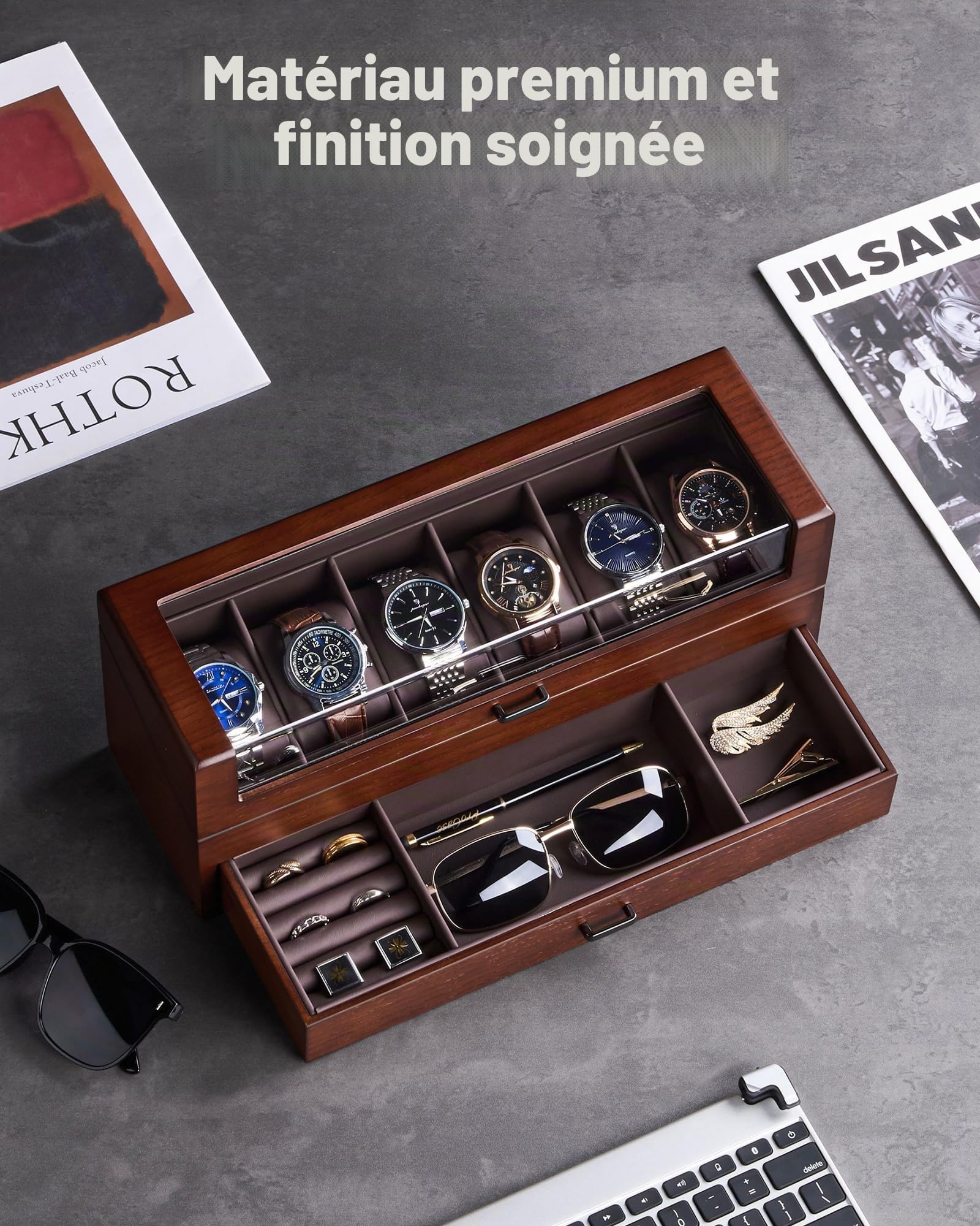 ProCase Coffret Montre Homme en Bois, Boîte à Montre 6 Emplacements avec Couvercle Transparent et Tiroir de Rangement -Noyer