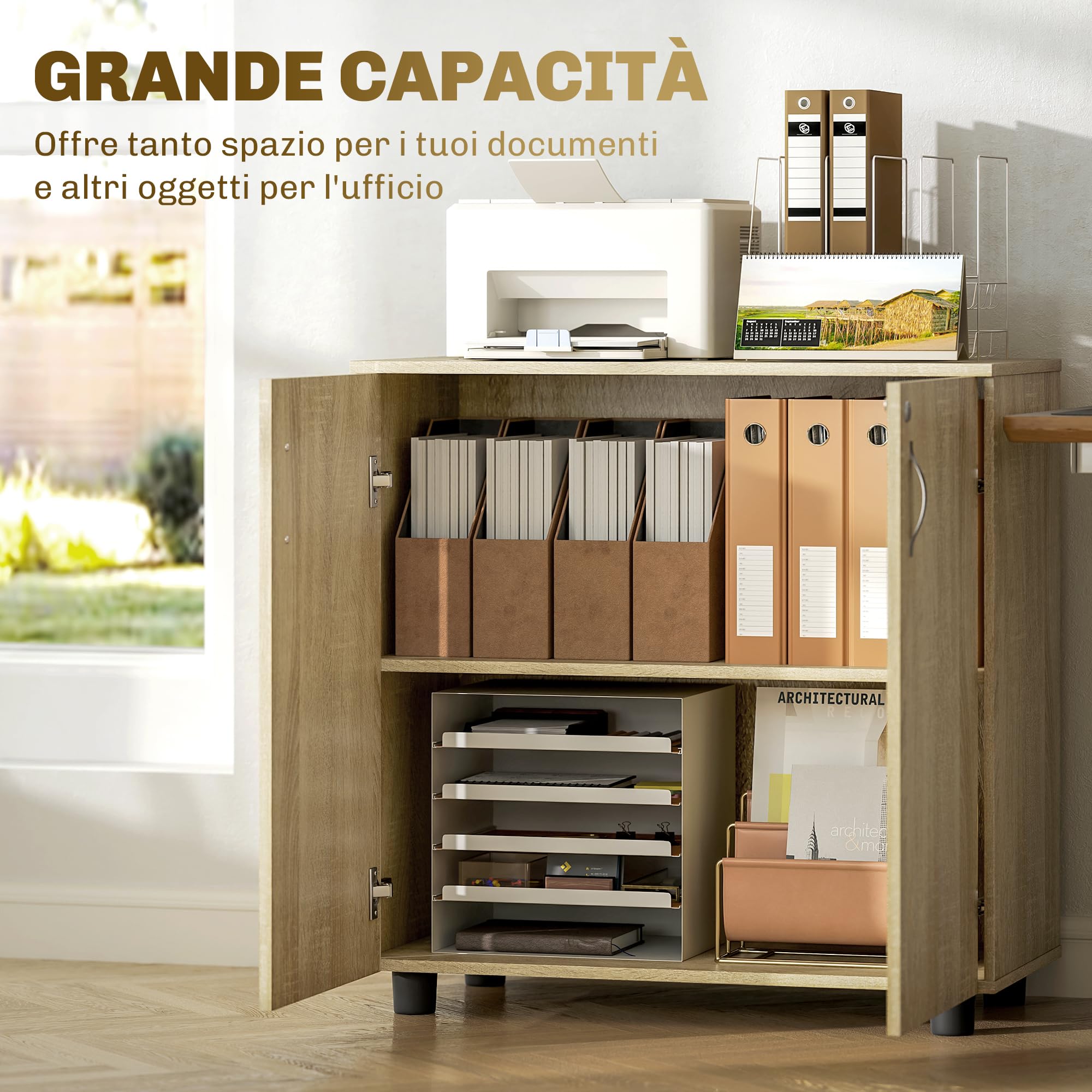 Vinsetto Armadietto per Documenti con Serratura, Armadio da Ufficio con 2 Ante e 2 Ripiani, Mobiletto Multiuso Portaoggetti con Maniglia in Lega di Alluminio, per Casa Ufficio, 80x40x80 cm, Rovere