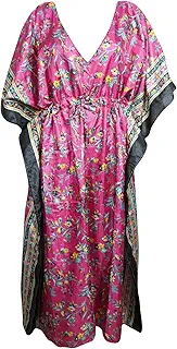 Mogul Interior Womens Maxi Dress Caftan Pink Kimono Cover Up Sari Printed Long Kaftan Dresses OneSize