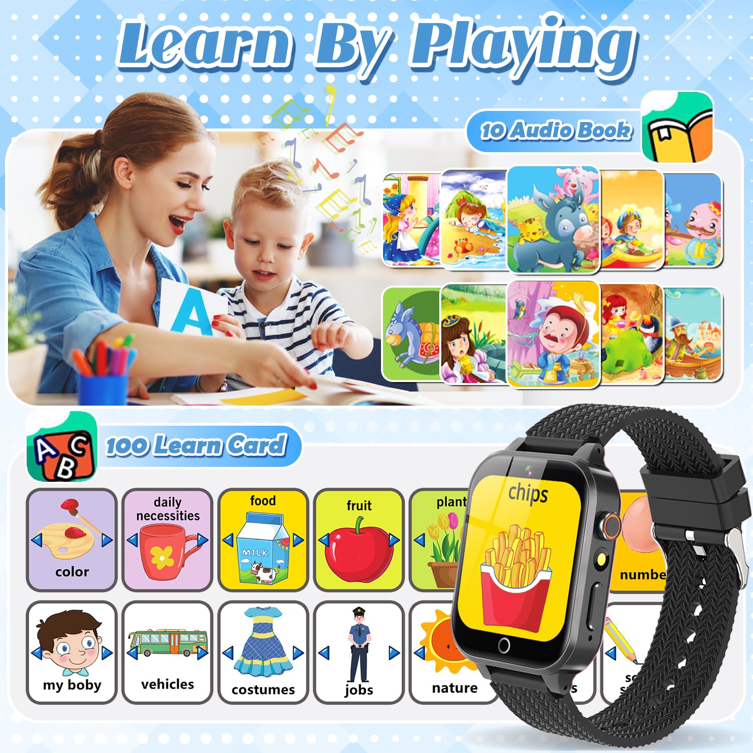 Tywop Reloj inteligente para niños y niñas de 3 a 12 años con 26 juegos de rompecabezas, cámara de video HD, pantalla táctil, reproductor de música, tarjetas de aprendizaje, libro de cuentos,