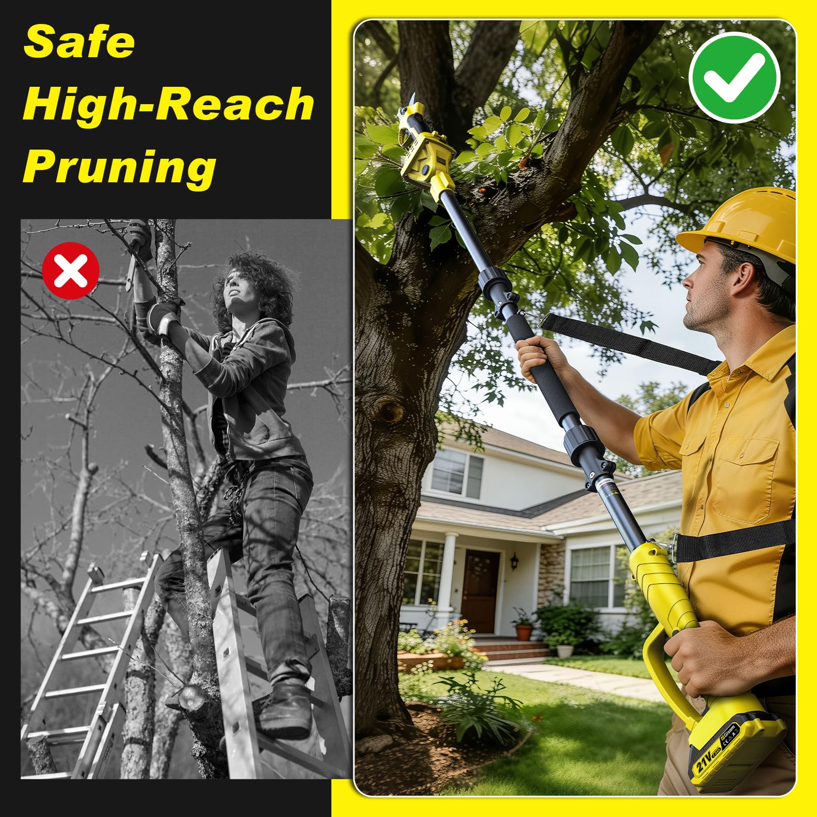 Sécateur Électrique Avec Perche, Moteur Brushless, Portée Totale 2,8 m, 2-en-1 Secateur Electrique Sans Fil avec Lame SK5 et 2x2.0 Ah Batteries, pour Jardinage, Ferme, Arbres Fruitiers