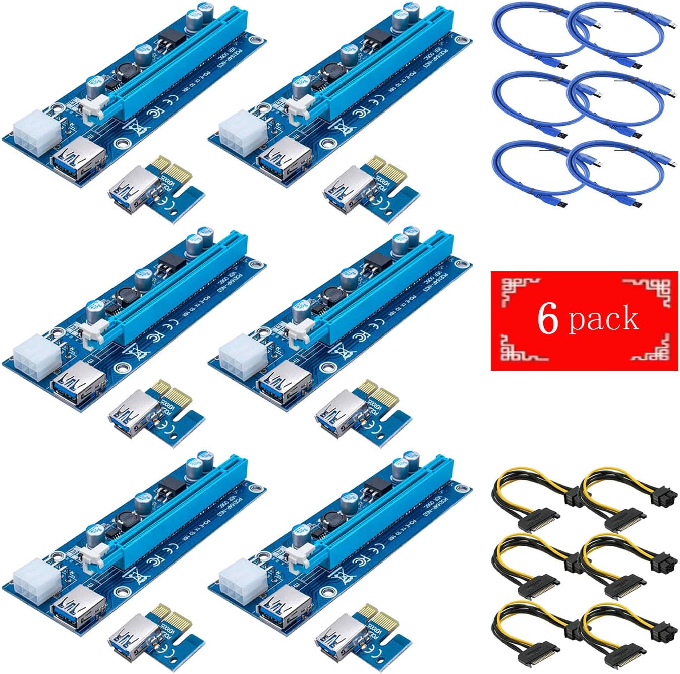 Yang Xiaoke 6-Pack PCIE Riser VER 007 PCI Riser 6 PIN 1x to x16 Powered Riser Adapter Card w/ 60cm USB 3.0 Extension Cable & PCI-E to SATA Power Cable - GPU Riser Adapter
