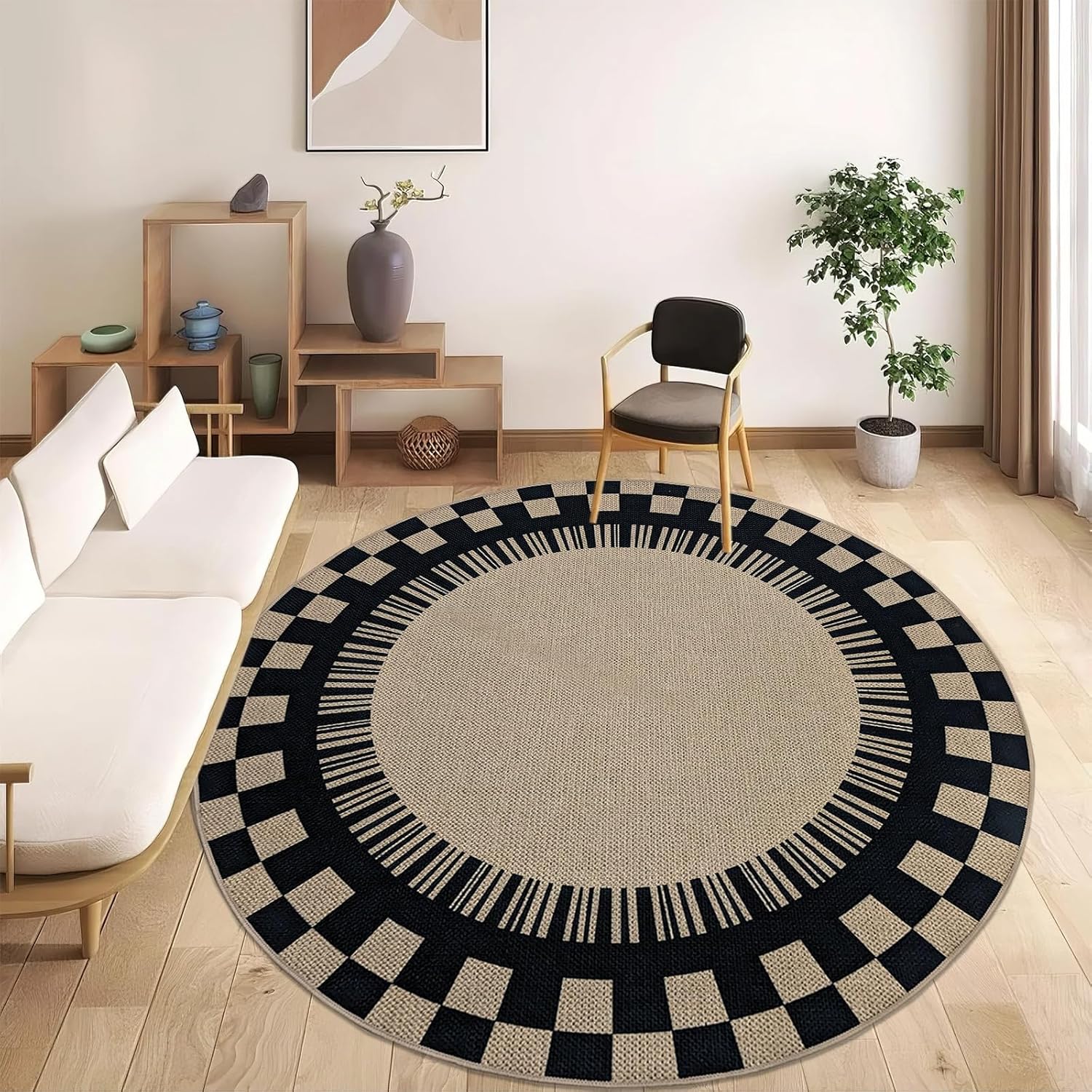 Modern Rug 6Ft Round Easy Jute Checkered Carpet for Outdoor Balcony, Farmhouse, Bedroom, Living Room, Kids Room, Circle Faux Jute Checkerboard, Nonslip, Washable, Thin, Neutral, Brown