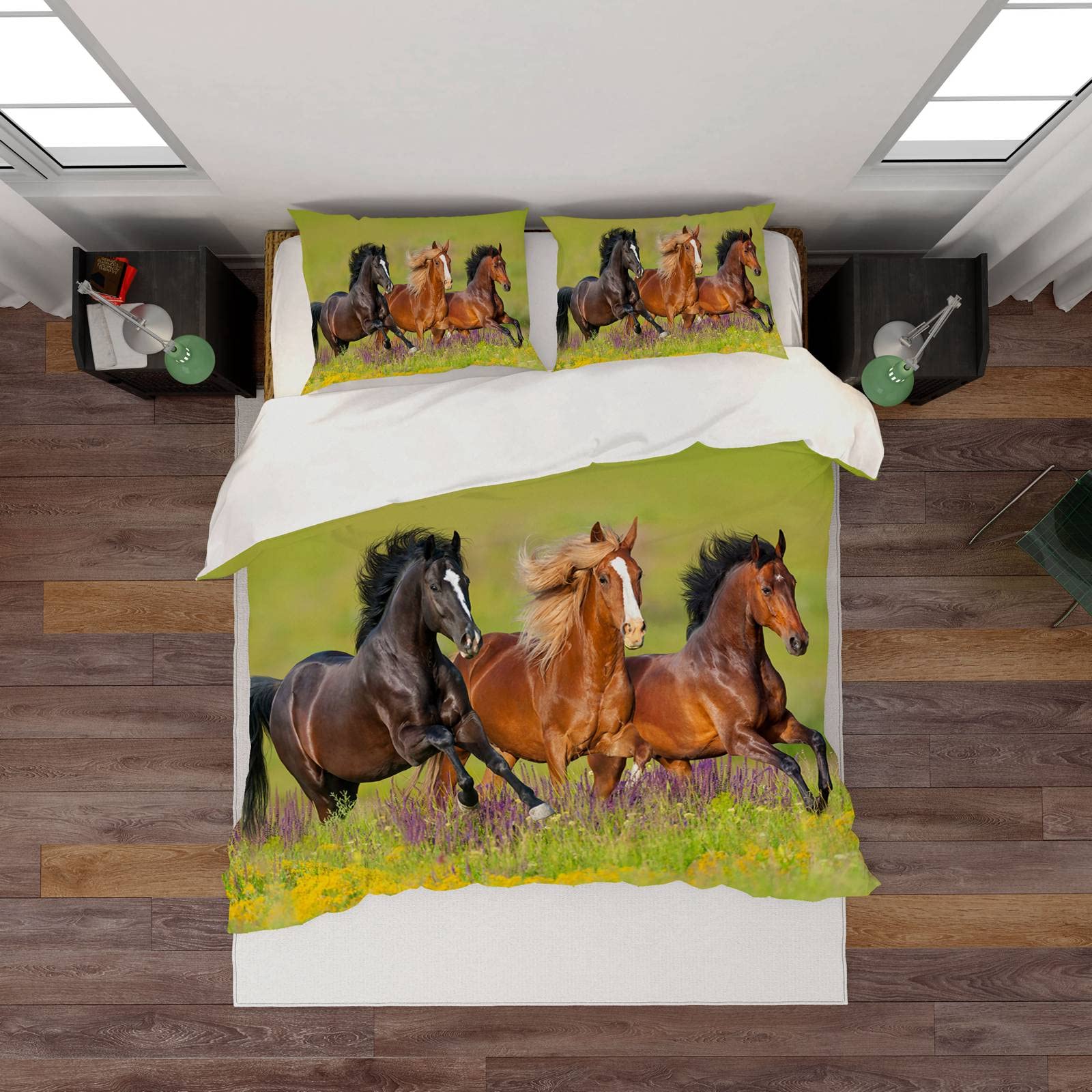 Happidea - Set Copripiumino e Federe, Cavalli, 100% Cotone, Matrimoniale, Made in Italy, Stampa Digitale Fotografia, Sacco 255x200cm, Federe 50x80Cm, Disegno Spirit
