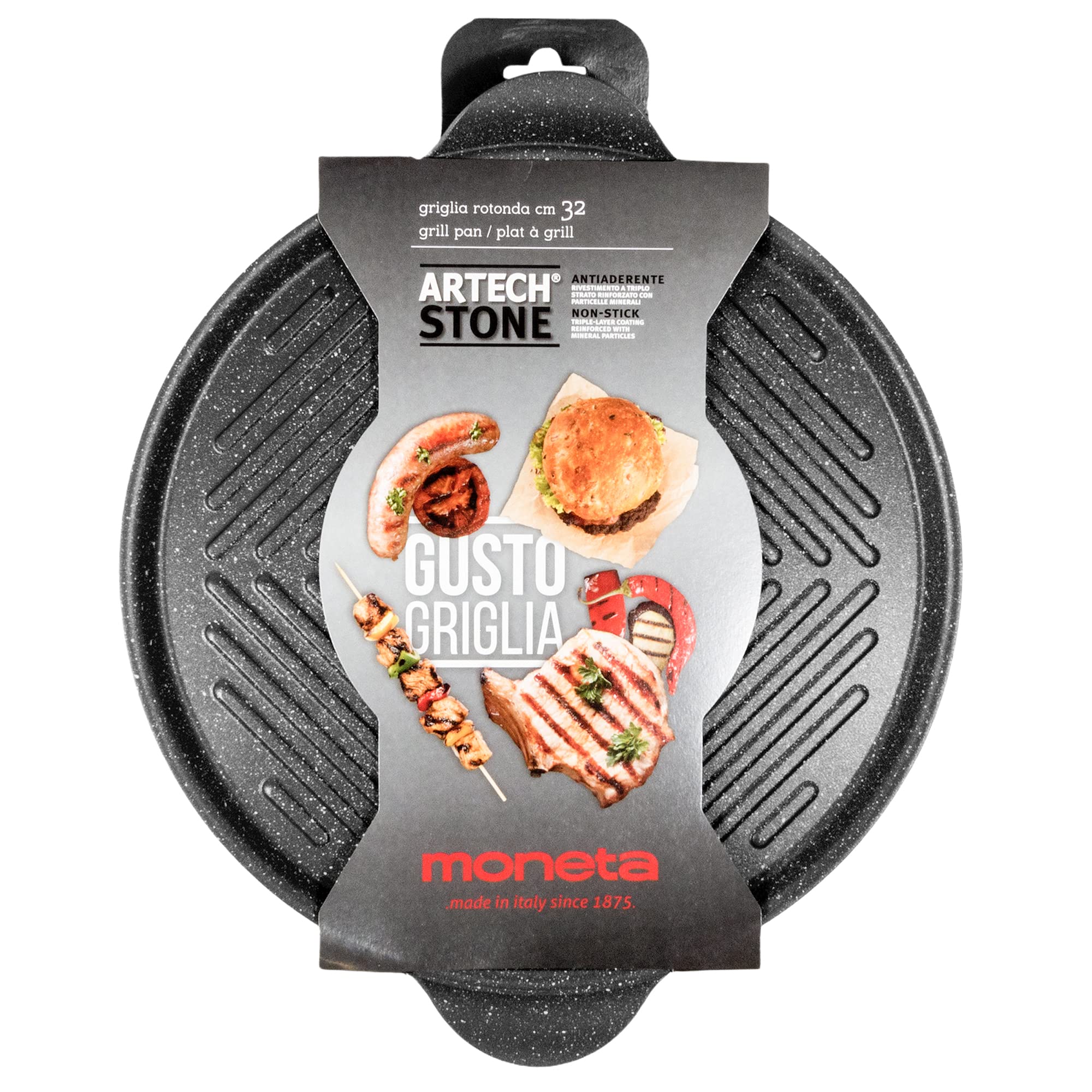 Moneta Gusto Grill Rond 25 Cm - Revêtement Artech Stone Effet Pierre, Aluminium Forgé, Sans PFOA Ni Nickel, Gris