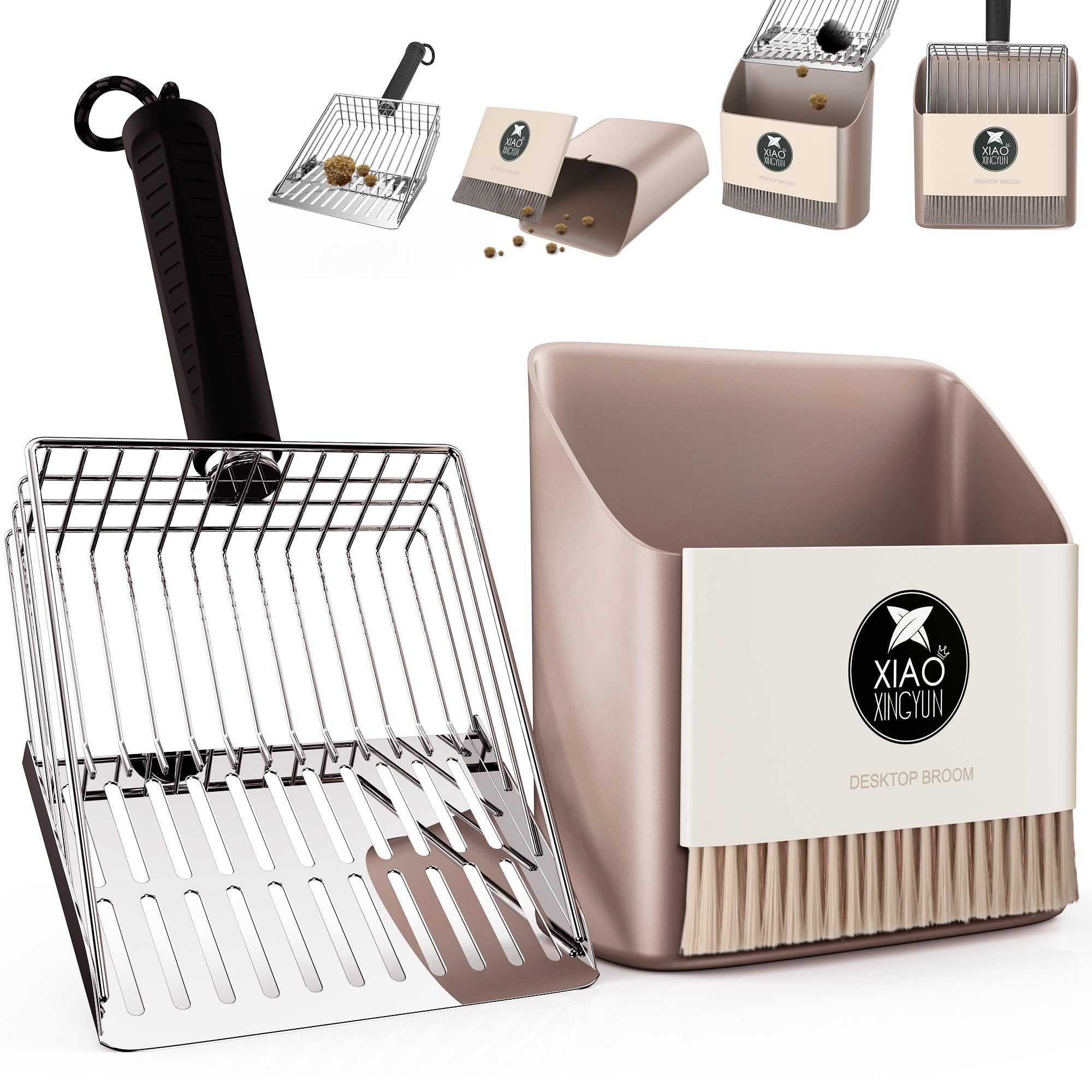 Cat Litter Scooper with Holder, Metal Litter Scoop Includes Portable Small Broom and Dustpan Set, Heavy Duty Stainless Steel Litter Scoop with Coarse and Fine Grid, Quick Sift and Easy Clean